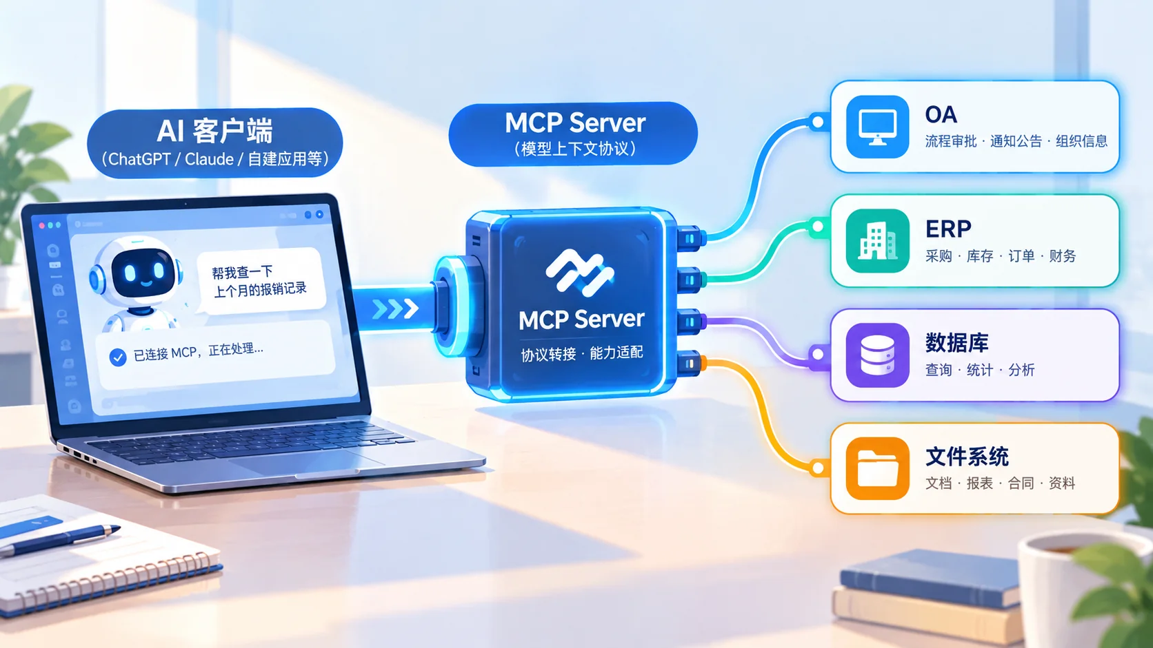 AI 客户端通过 MCP Server 连接 OA、ERP、数据库与文件系统