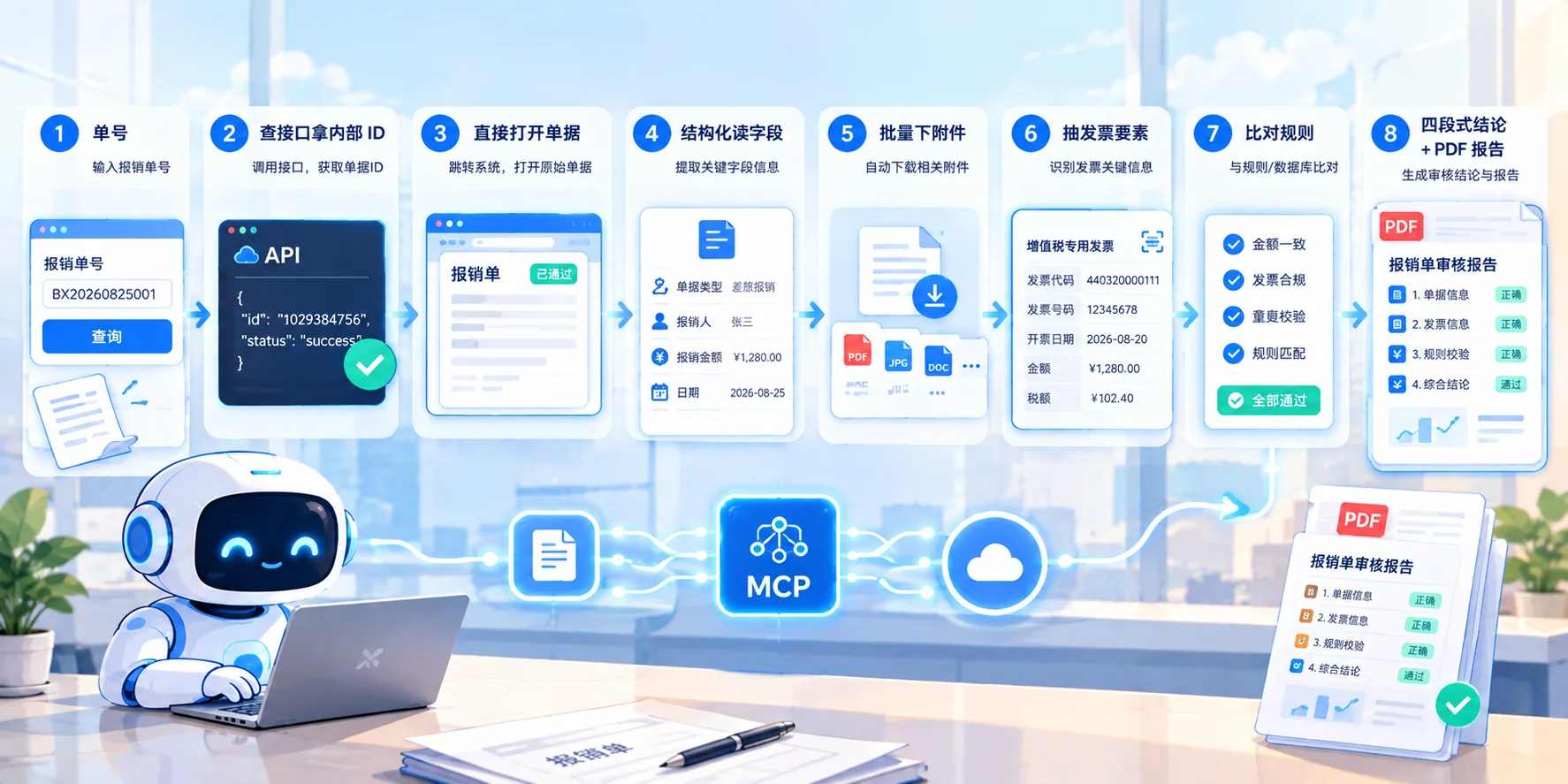 OA MCP 的八步工作流：从单号到抽发票要素、比对规则、输出审核报告