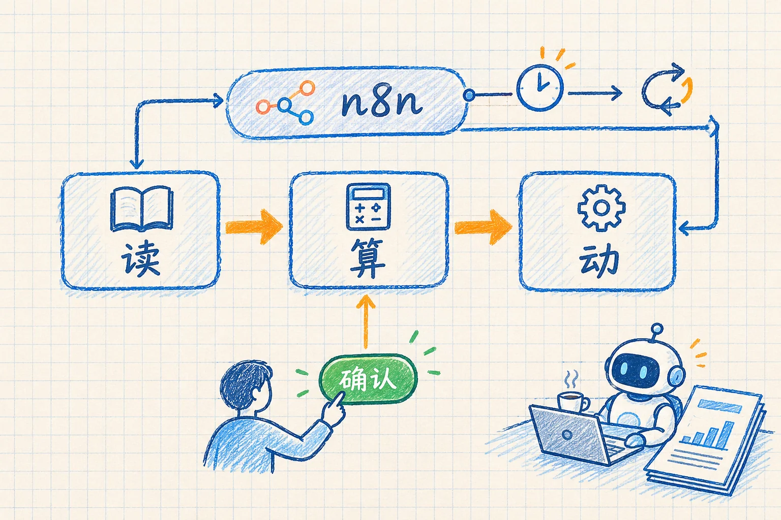 财务 Agent 的最小组合：读、算、动，加上 n8n 和人工确认